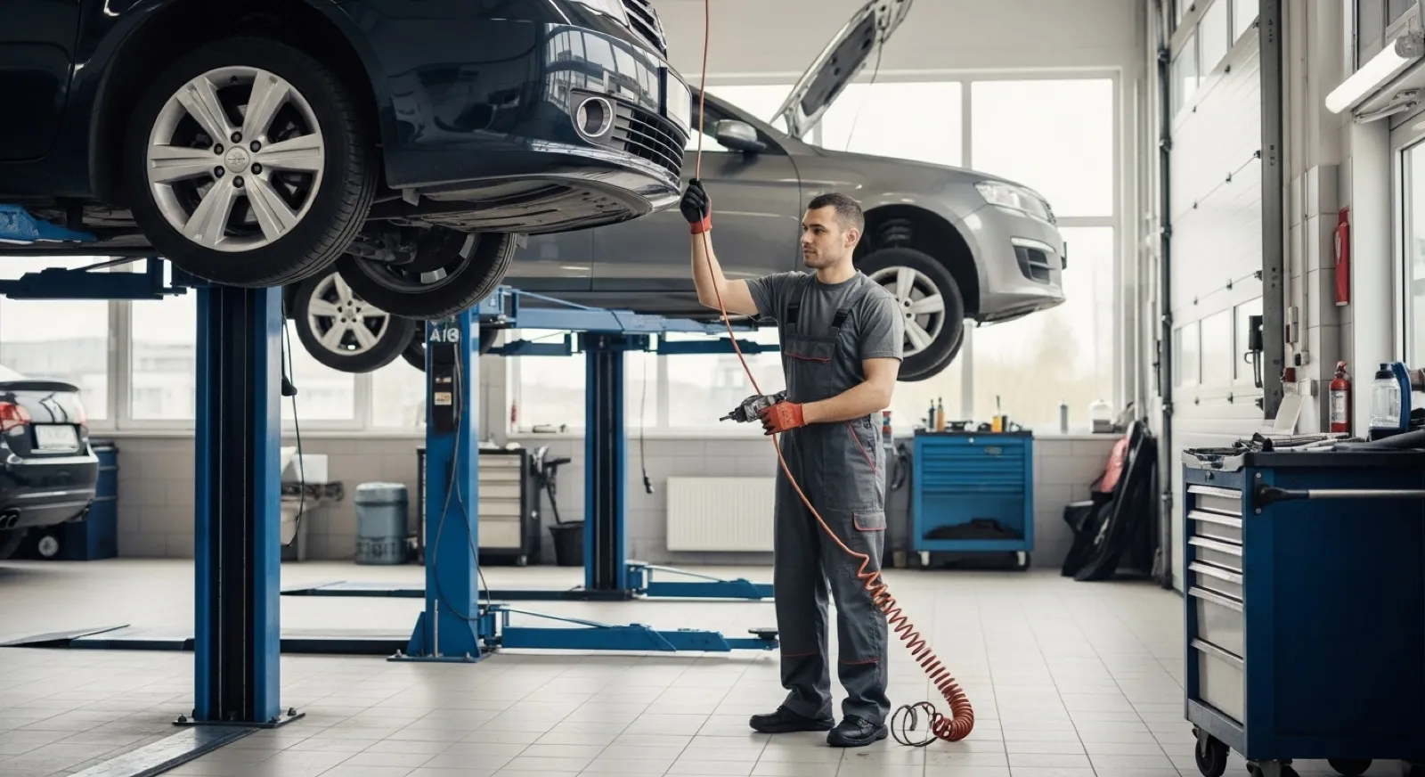 Professional mechanic working in a clean, modern auto-repair service bay — ready to book new jobs