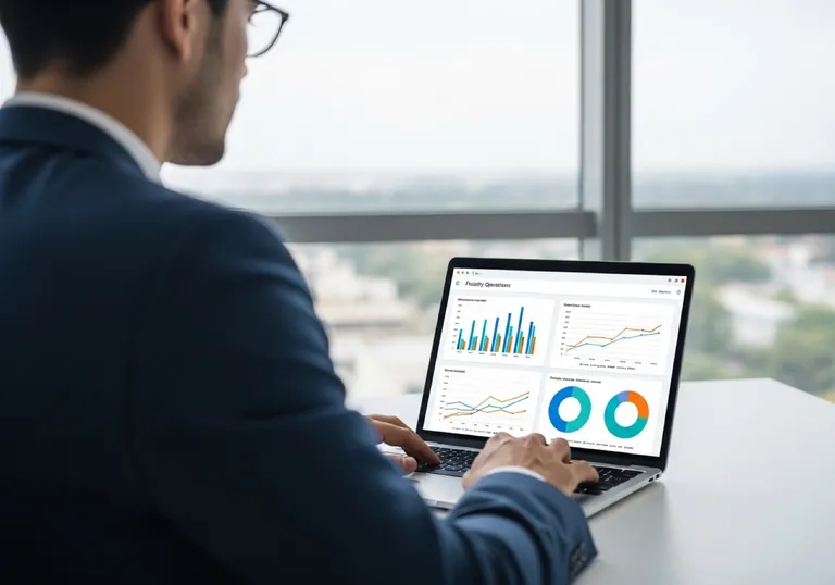 Facility operations manager reviewing service-agreement analytics on a laptop — tracking quote and contract enquiry growth