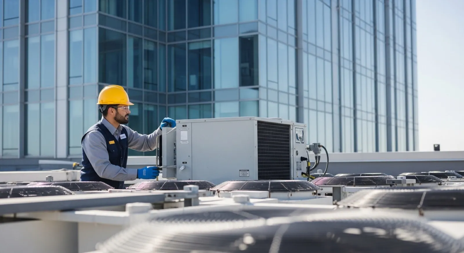 Commercial building-services technician servicing HVAC equipment at a modern commercial property — ready to win recurring service agreements