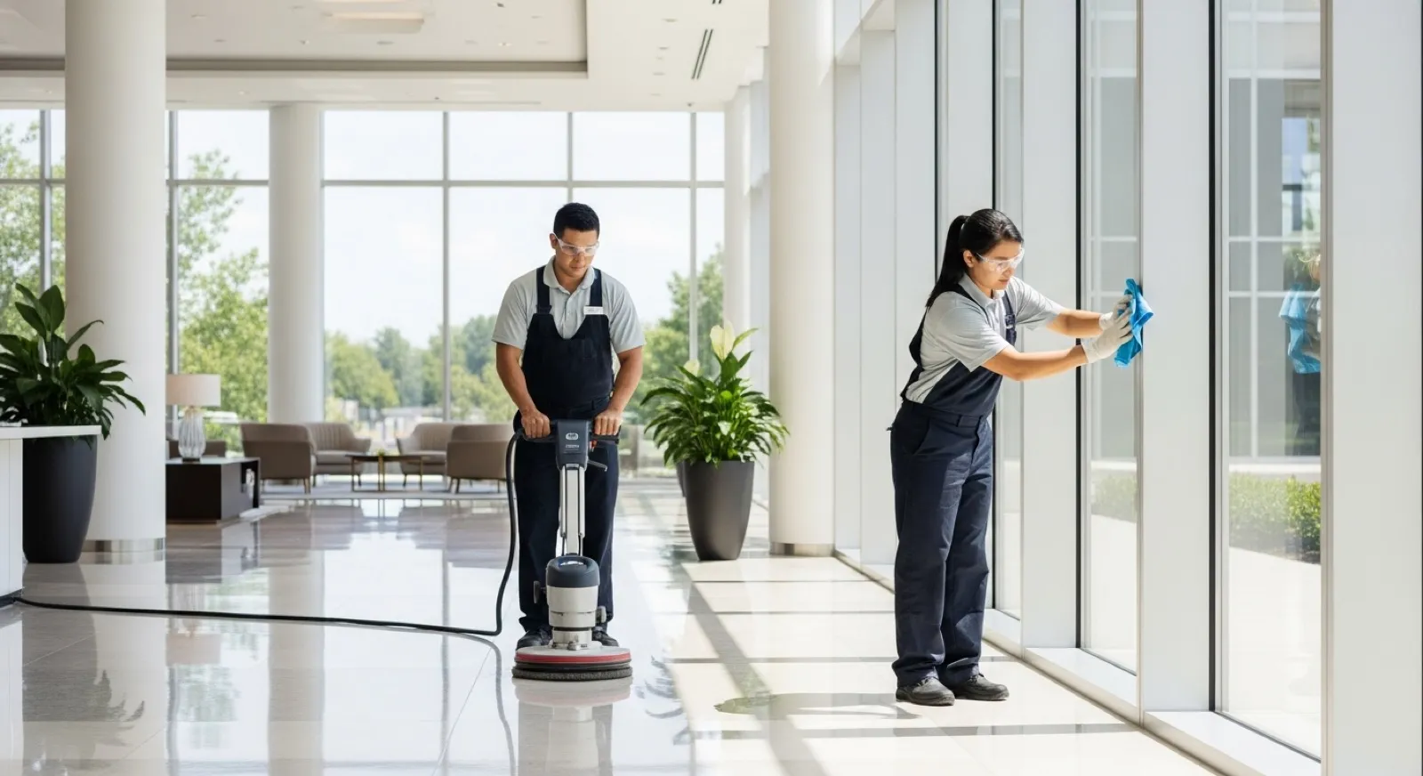 Professional commercial cleaning crew in uniform servicing a bright modern office lobby — trustworthy and polished