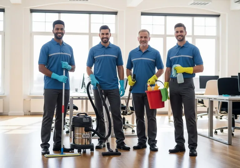 Confident commercial cleaning and janitorial team in uniform inside a modern office — professional and trustworthy