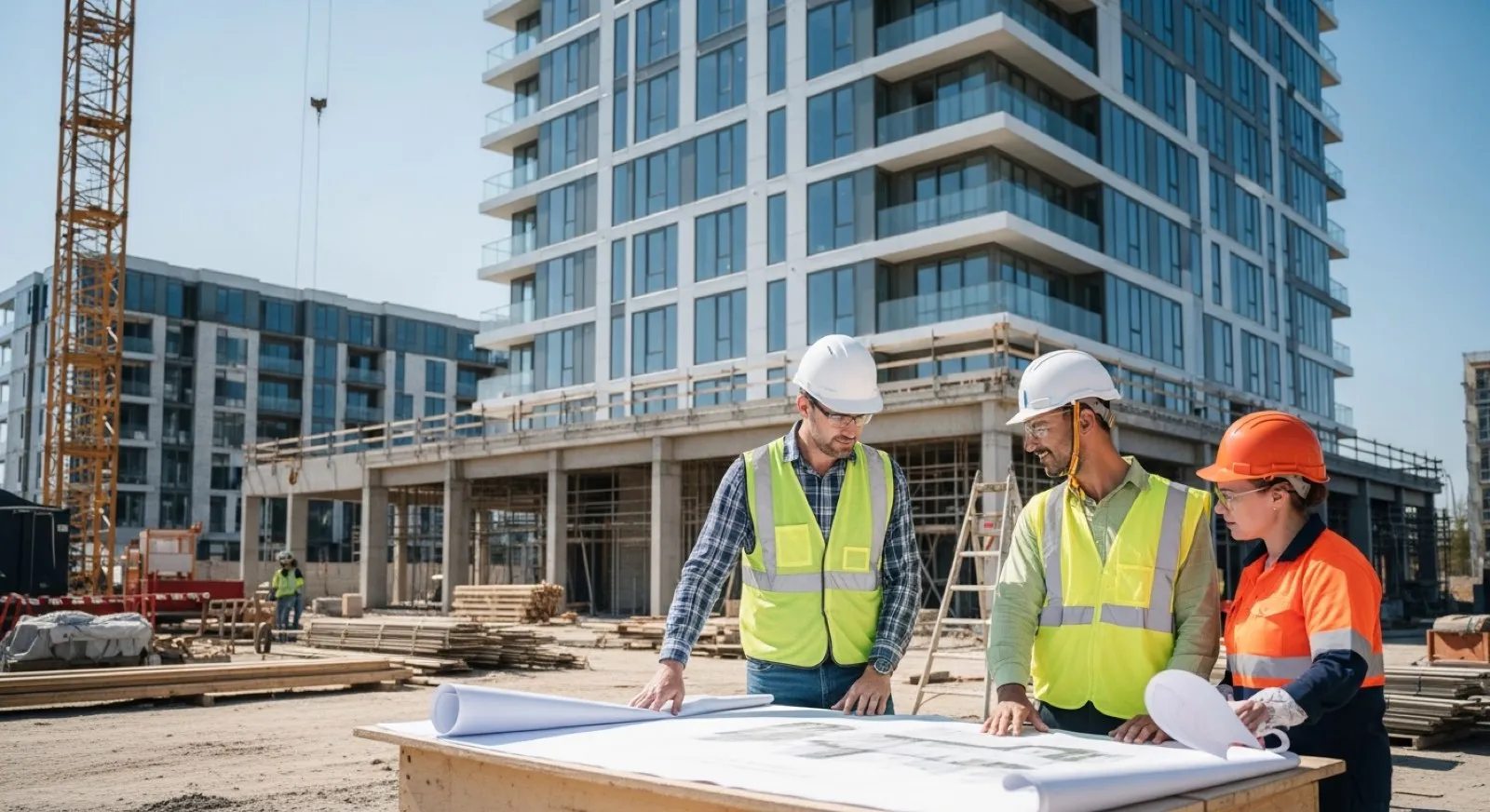 Construction professionals reviewing plans on an active commercial build site — a firm ready to win bigger projects