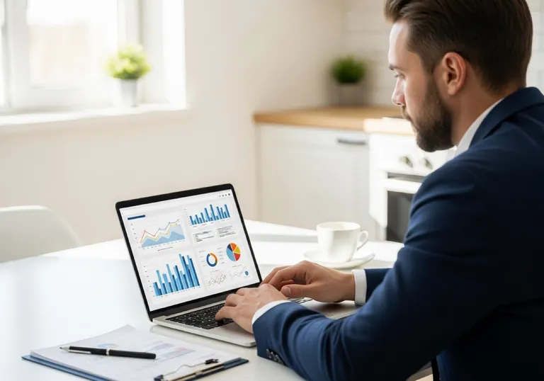 Contractor business owner reviewing lead-generation analytics on a laptop — tracking inbound call growth