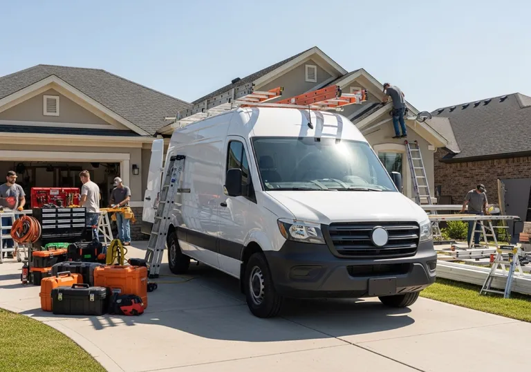 Busy contractor job site with a work van and full schedule — representing business growth from SEO