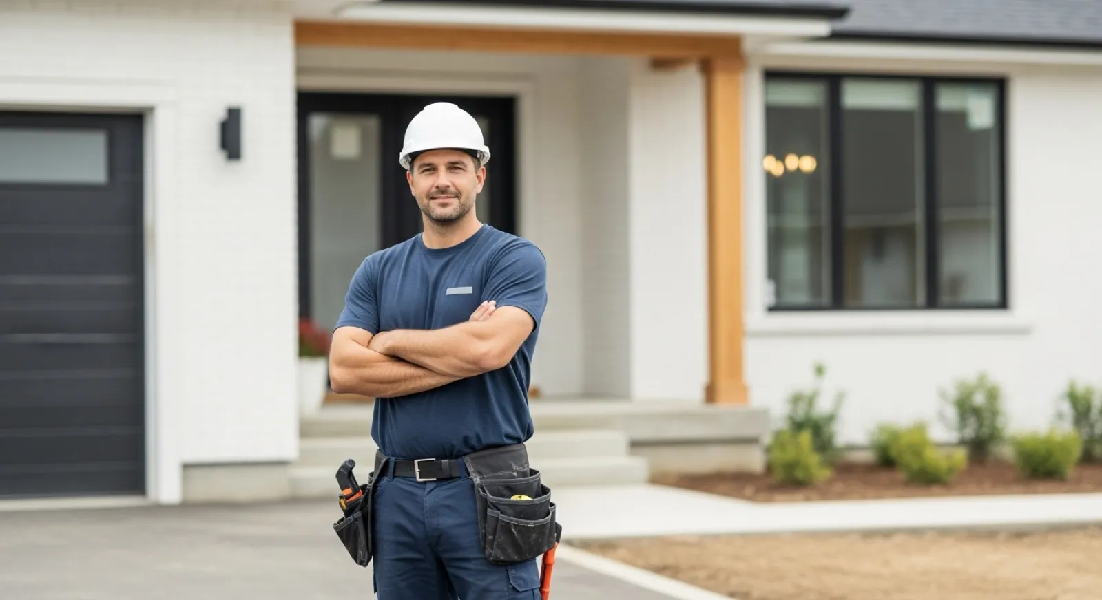 Confident Canadian contractor in front of a finished home renovation — ready to book new jobs