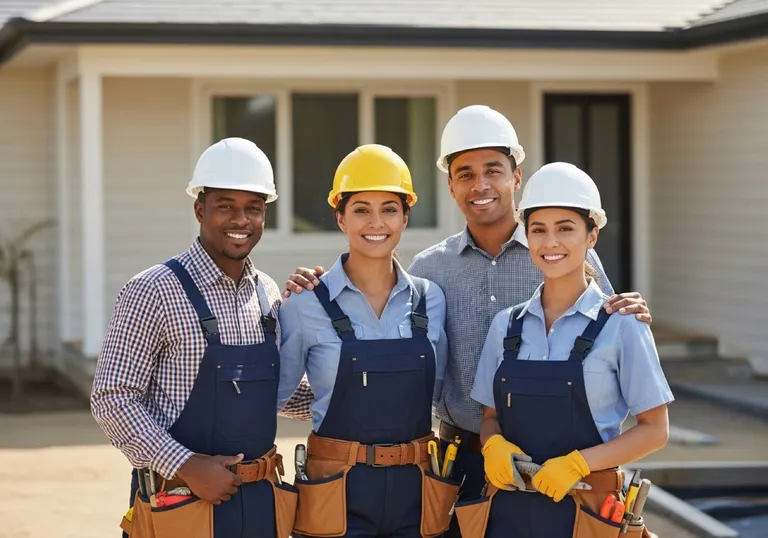 Confident home-services contractor crew on a clean residential job site — professional and trustworthy