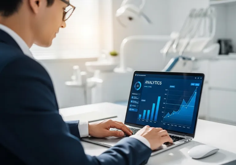 Dental practice owner reviewing patient-acquisition analytics on a laptop — tracking new patient growth