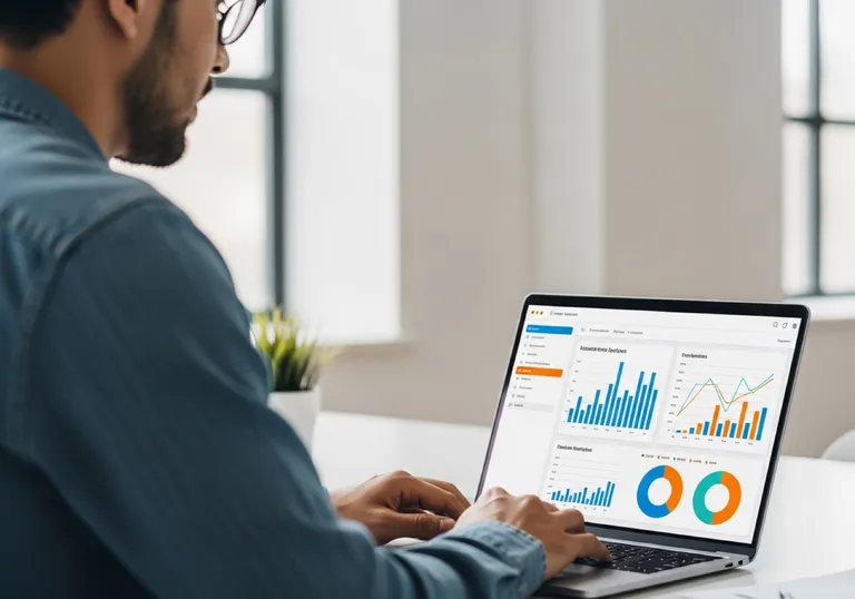 Marketer reviewing e-commerce revenue and ROAS analytics on a laptop — abstract dashboards