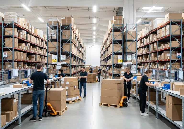 Busy fulfilment warehouse with shelves of unbranded boxes — a scaling online store