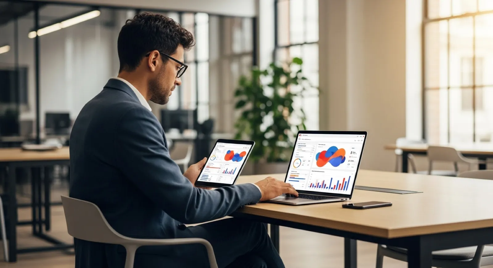 Digital marketer analyzing social media advertising campaign performance on a laptop and tablet