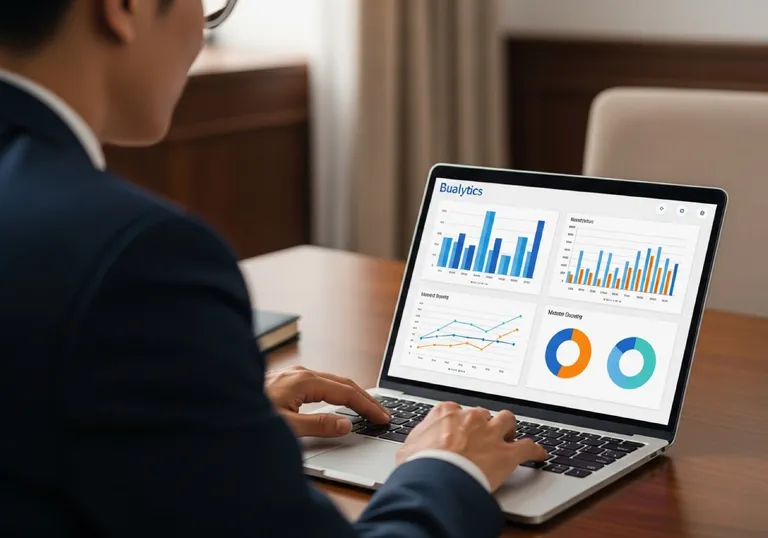 Financial advisor reviewing client-acquisition analytics on a laptop — tracking consultation-request growth