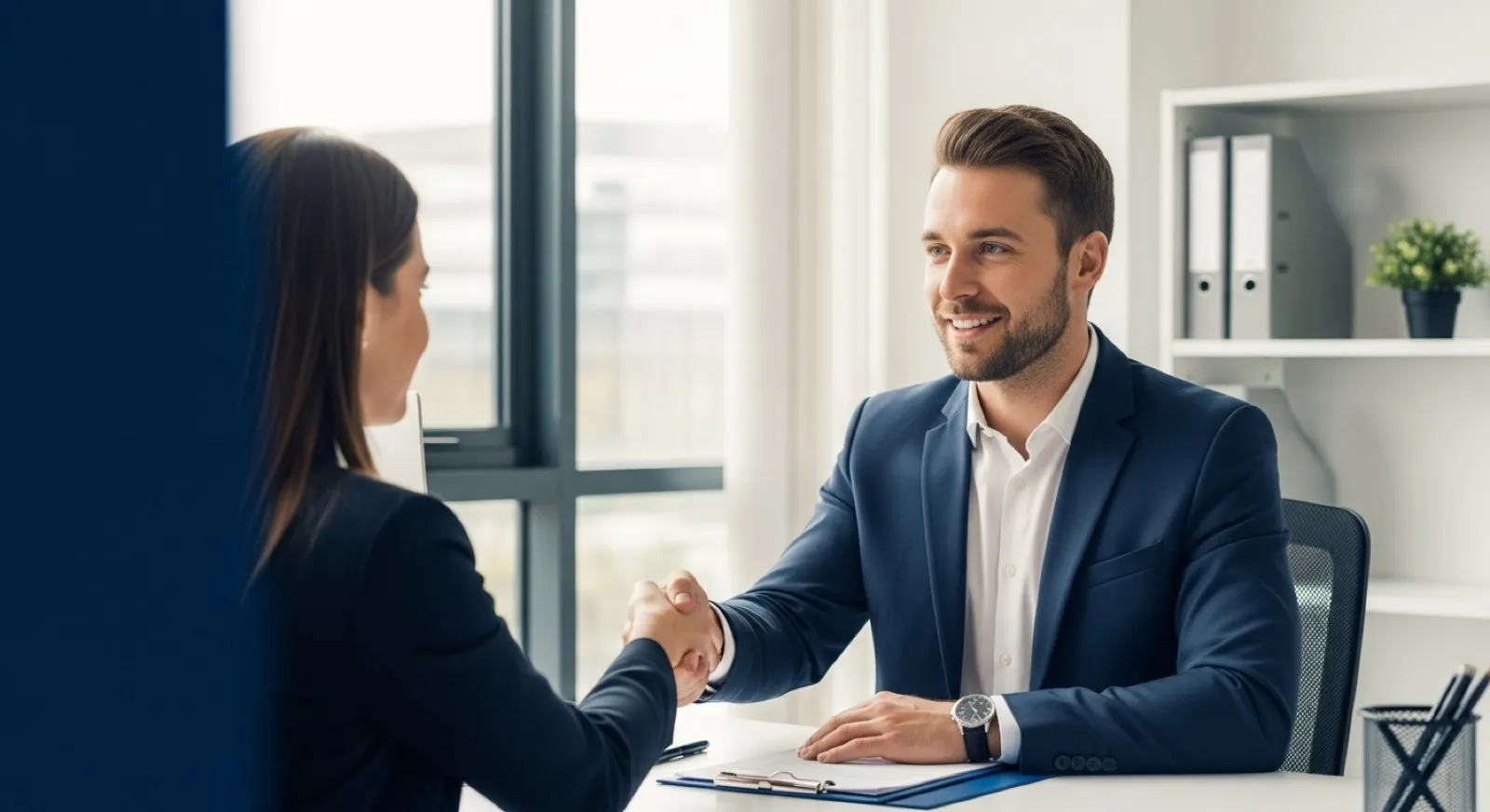 Financial advisor meeting a client in a modern, reassuring office — building trust before the engagement