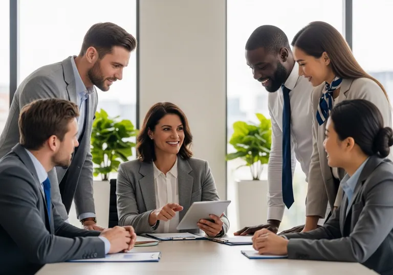 Confident financial advisory team in a modern office — professional, credible, and trustworthy