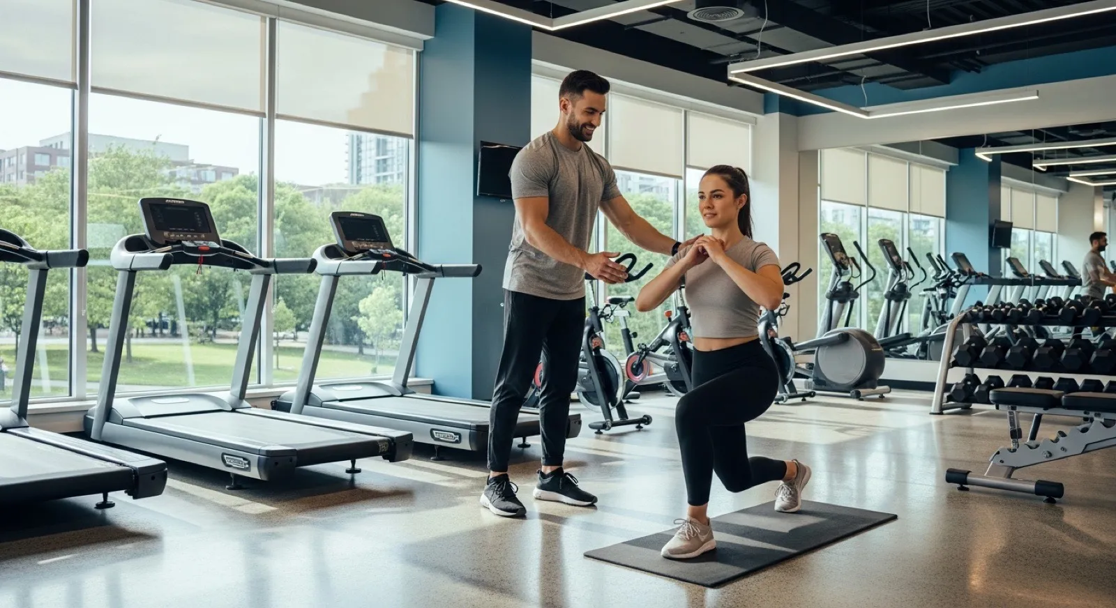 Personal trainer coaching a member in a bright, modern fitness studio