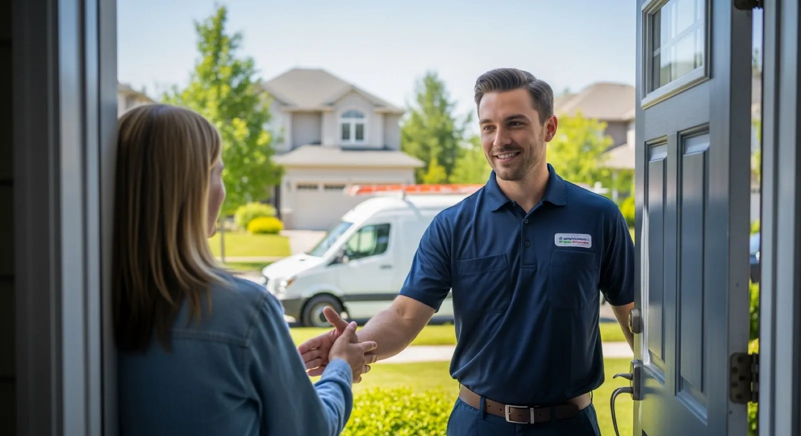 Uniformed home-services technician greeting a homeowner at the front door with a service van in the driveway