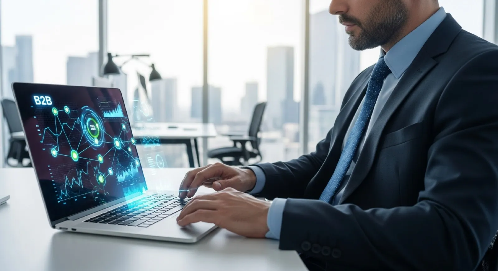 Business professional reviewing B2B advertising campaign analytics on a laptop in a modern office