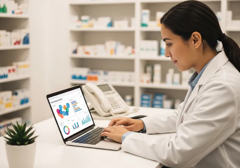 Pharmacy owner reviewing patient-acquisition analytics on a laptop with abstract dashboards