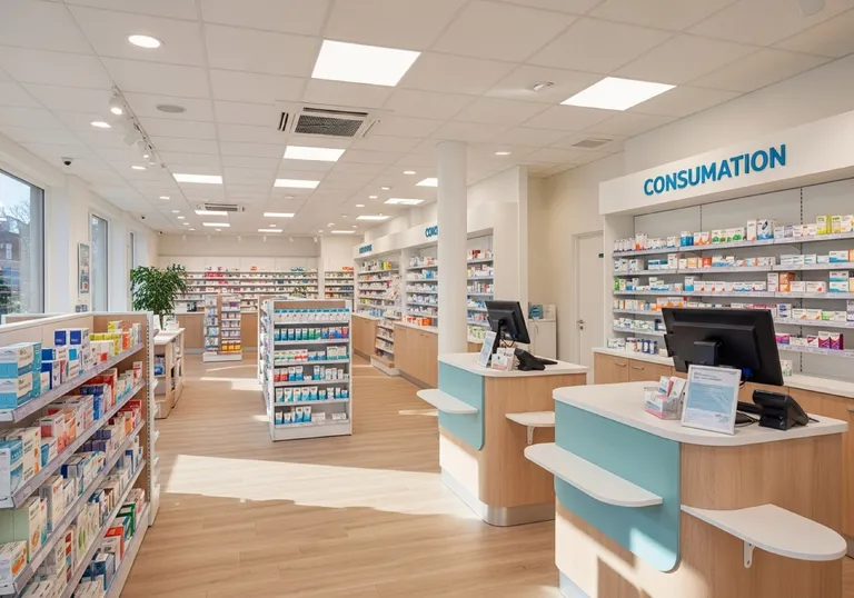 Interior of a thriving, modern independent pharmacy — bright, clean, and welcoming