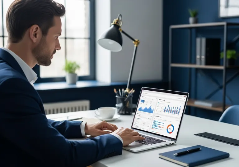 A partner at a professional-services firm reviewing client-acquisition analytics on a laptop