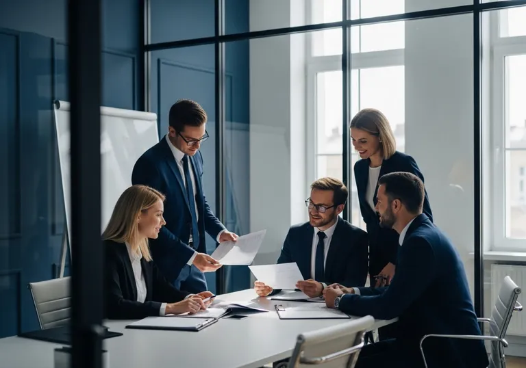 A professional-services team of lawyers and accountants collaborating in a modern meeting room