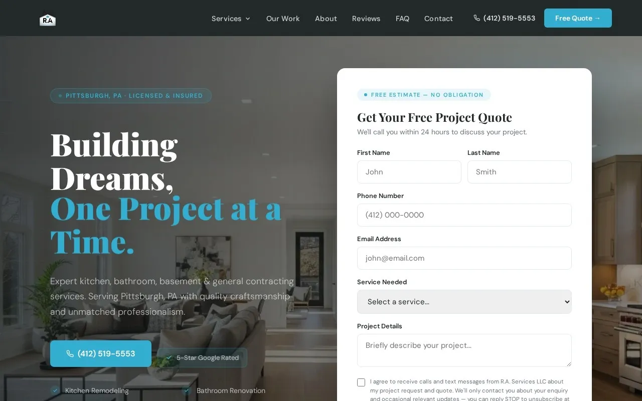 Screenshot of the RA Services LLC website