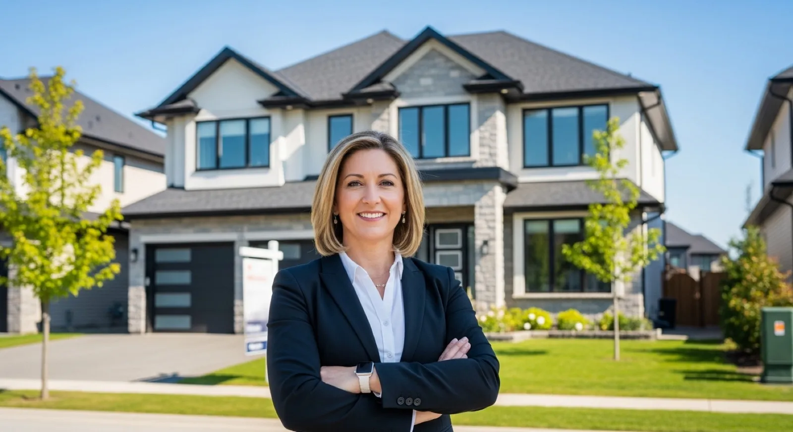 Confident Canadian real estate agent in front of a beautiful modern home — ready to win new listings and buyers