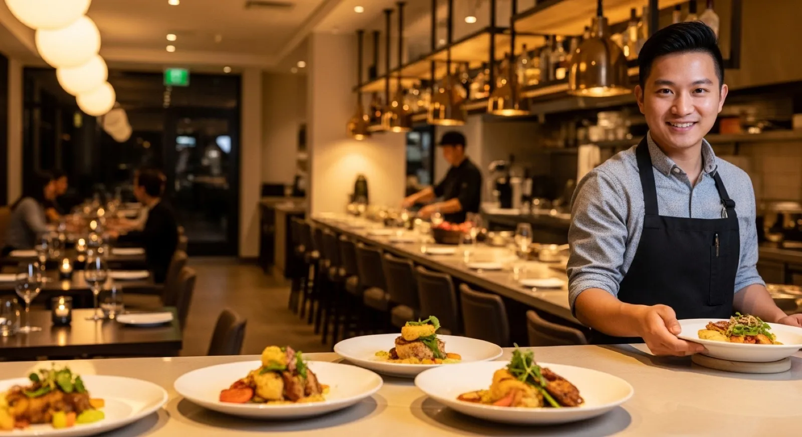 Restaurant owner presenting plated dishes in a warm, modern dining room during service