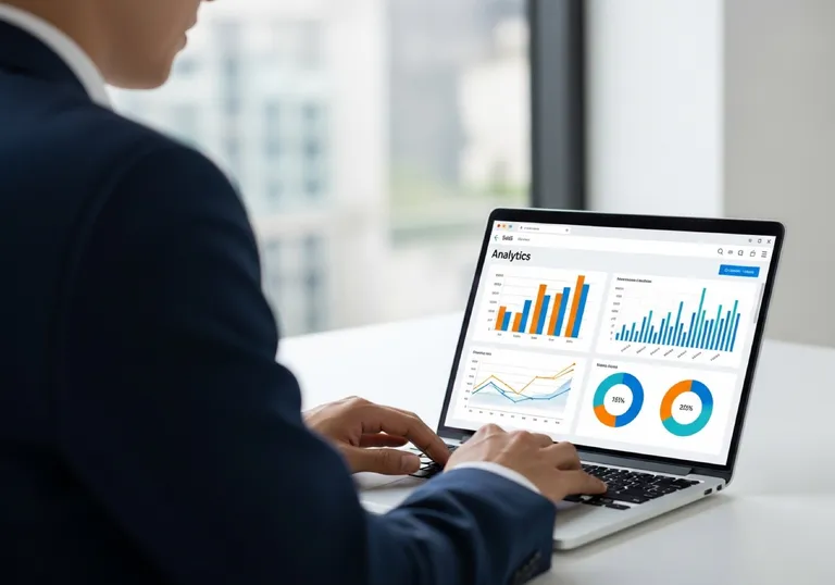 Growth lead reviewing pipeline and demand-generation analytics on a laptop in a modern office