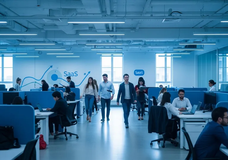 Busy modern startup floor conveying SaaS growth and scaling momentum