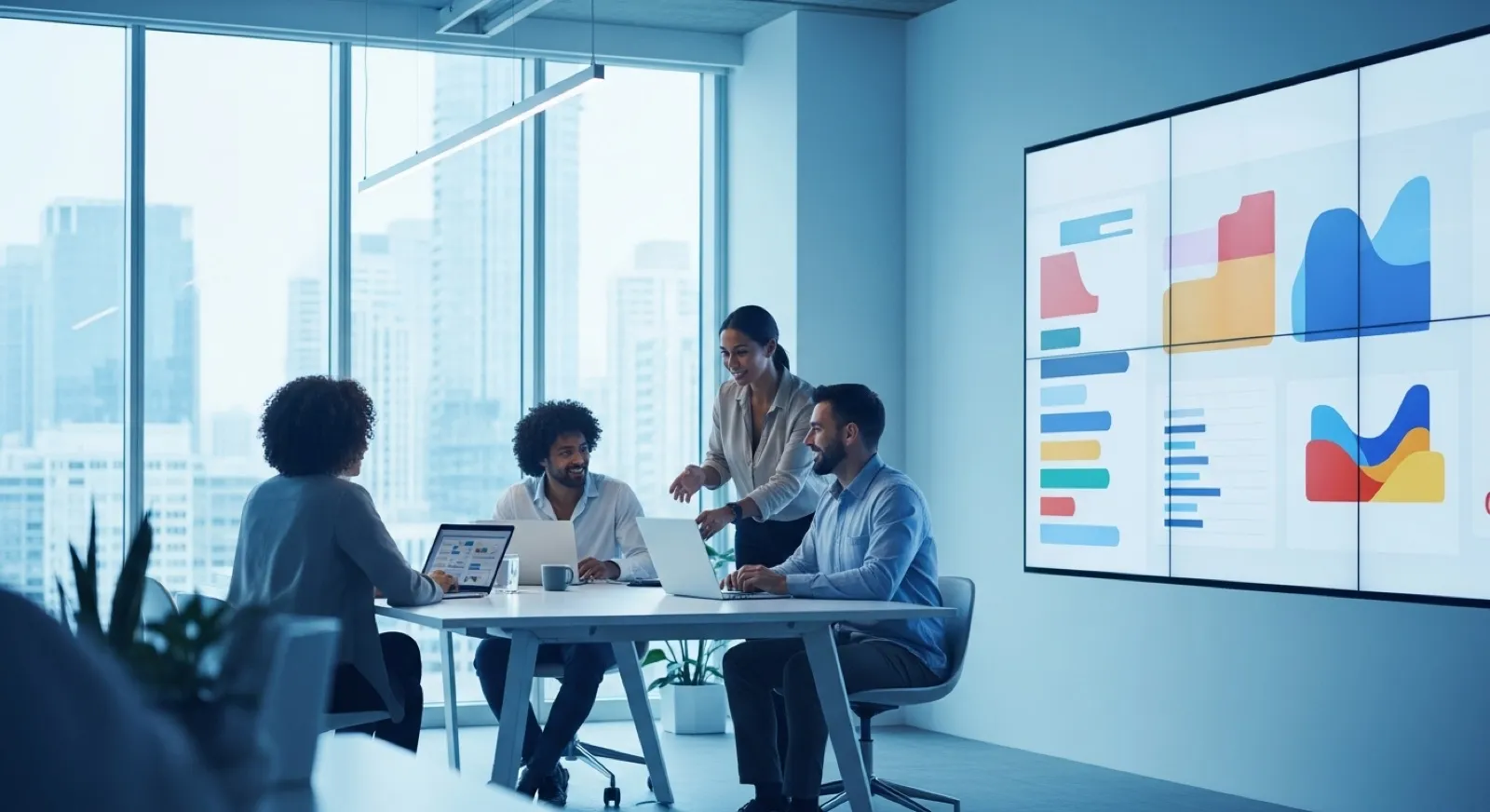 Modern B2B SaaS product team collaborating around laptops and dashboards in a bright office