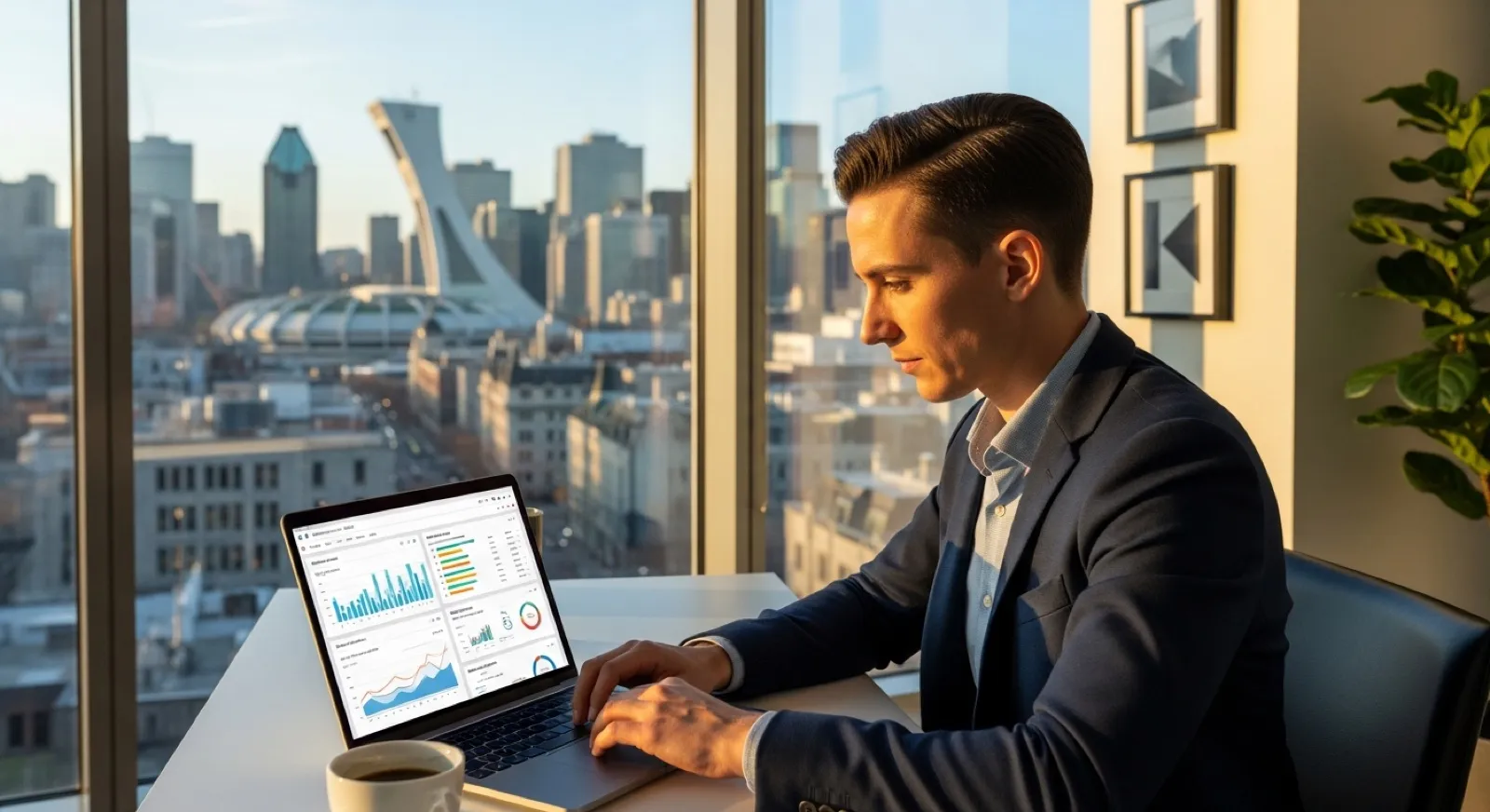 SEO consultant analyzing organic search performance dashboards with Montreal's skyline visible through the window
