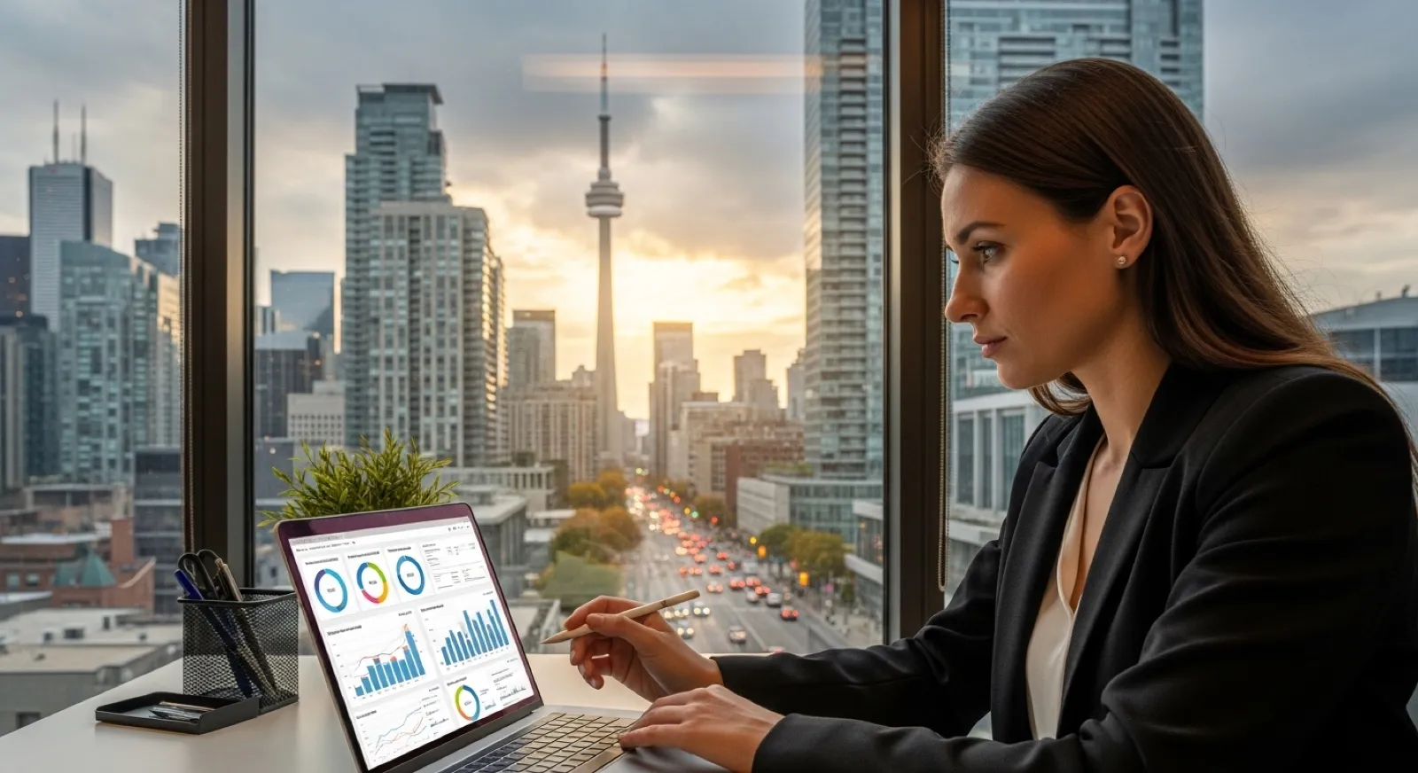 SEO strategist reviewing keyword ranking and organic traffic growth charts with the CN Tower visible through the window at golden hour