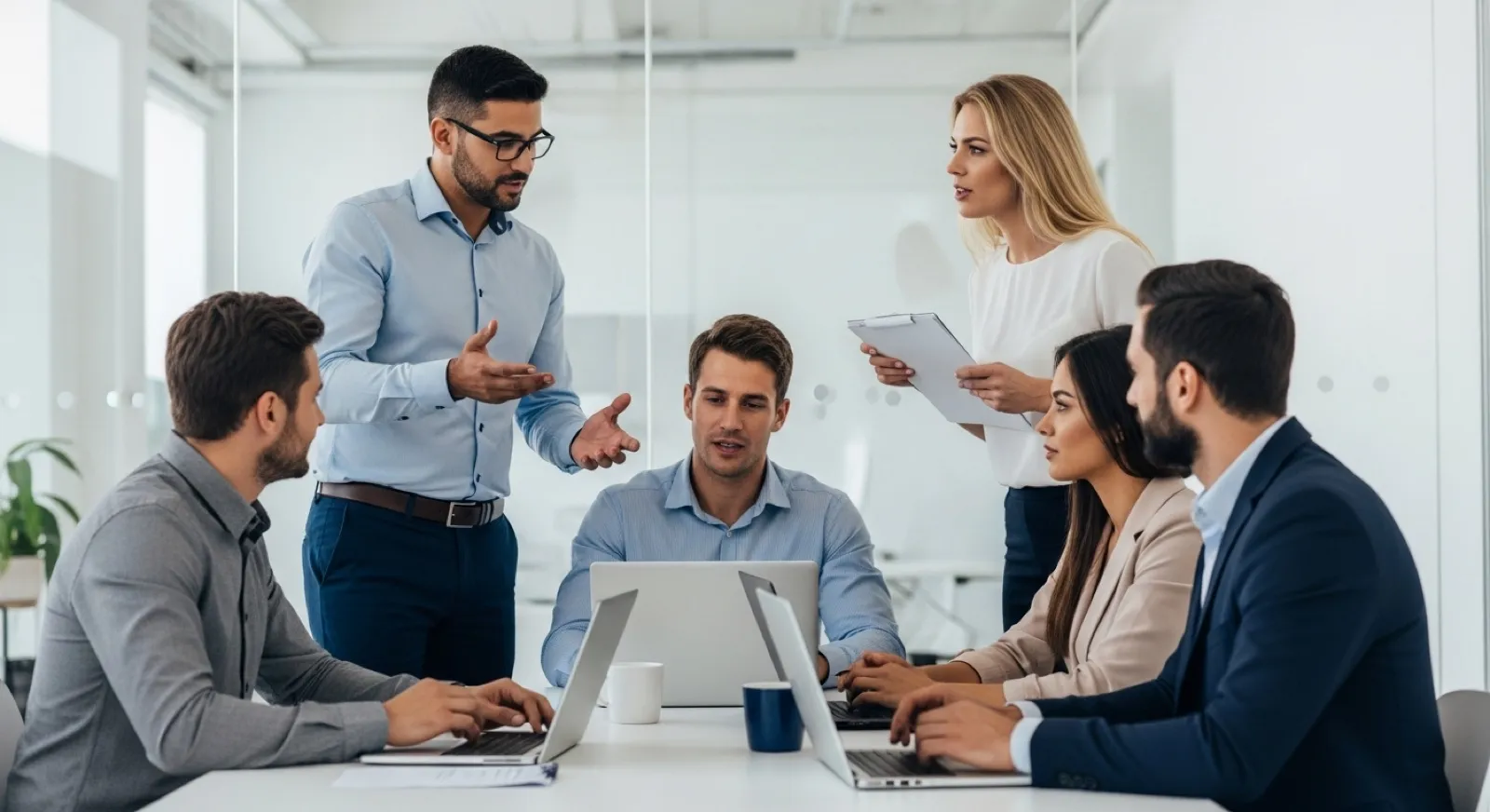 B2B software team collaborating around laptops in a bright, modern office