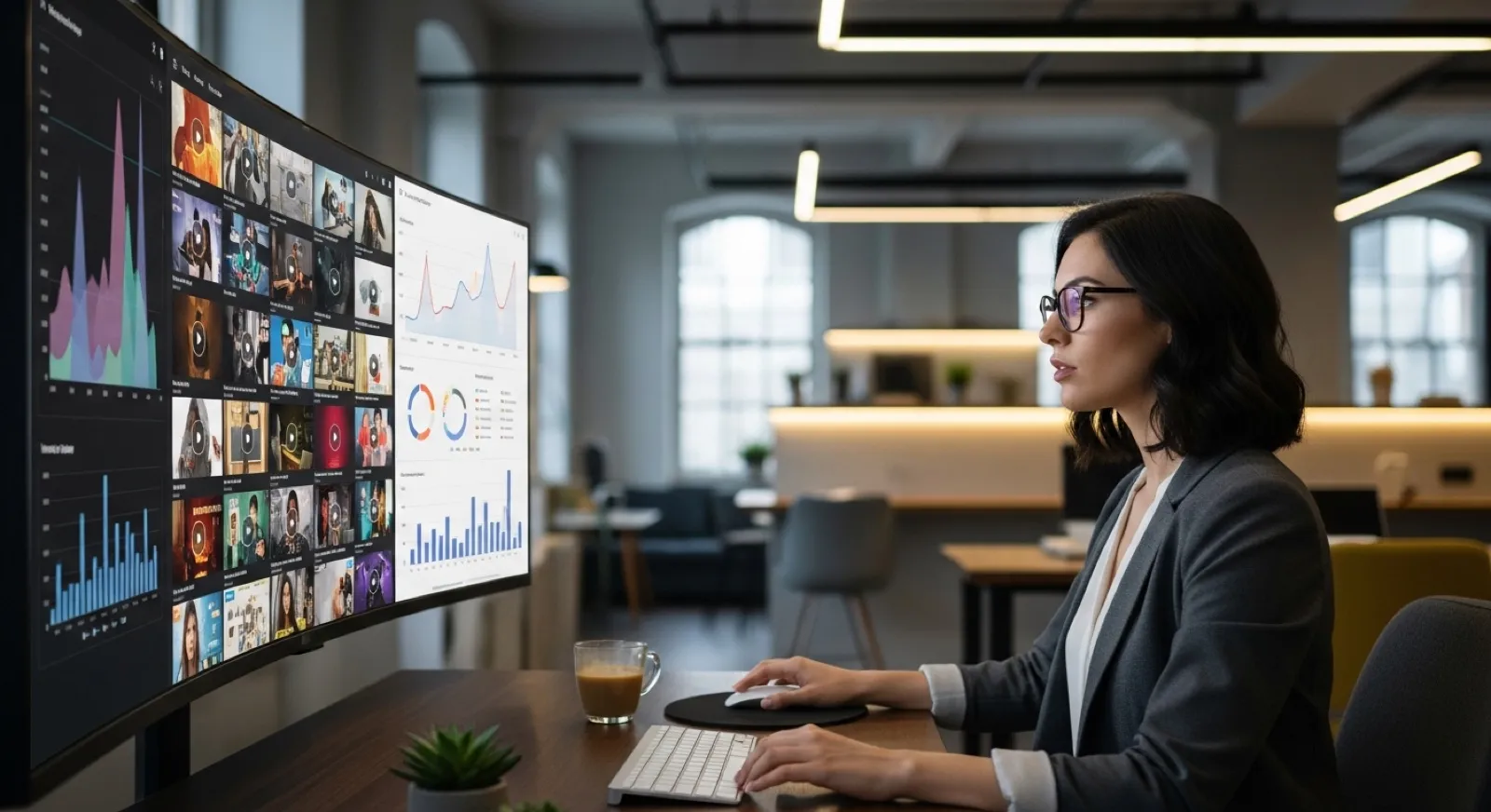 Content strategist reviewing video advertising performance on a large monitor